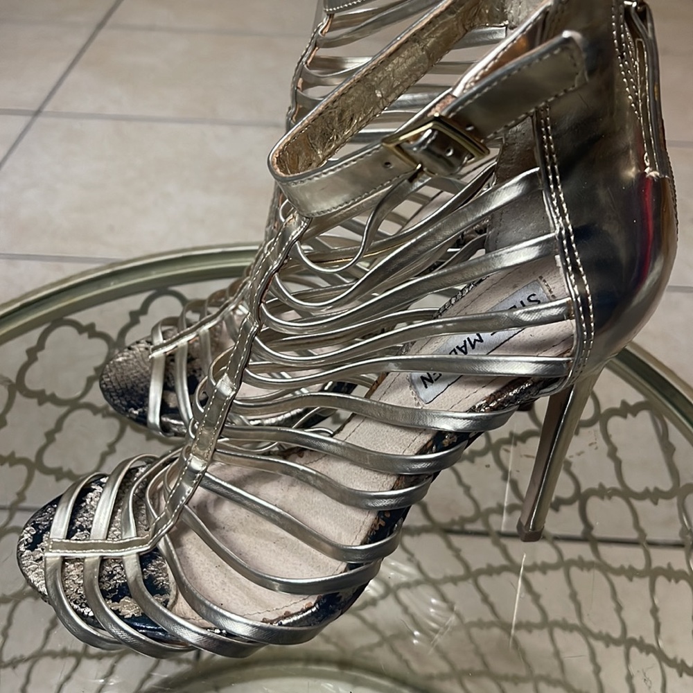 Steve Madden Gold w/ Snake Skin Toe Print. 5 inch Strappy Heels